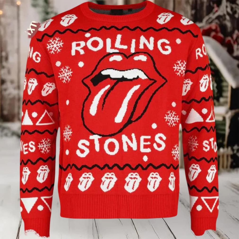 Rolling Stones Signature Tongue Logo All Over Pattern Holiday Knitted Red Ugly Christmas Sweater Rolling Stones Signature Tongue Logo All Over Pattern Holiday Knitted Red Ugly Christmas Sweater