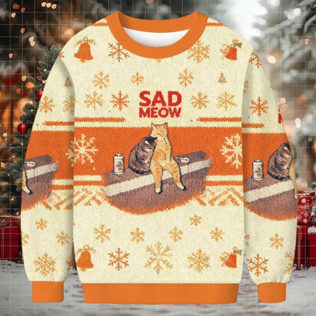 Sad Meow Smoking Cat Christmas Ugly Sweatshirt front view