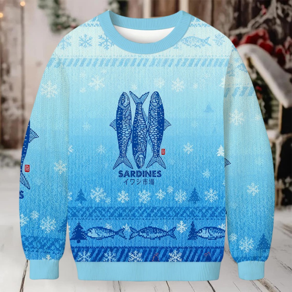 Person wearing Sardines Market Christmas Ugly Sweatshirt in a festive setting