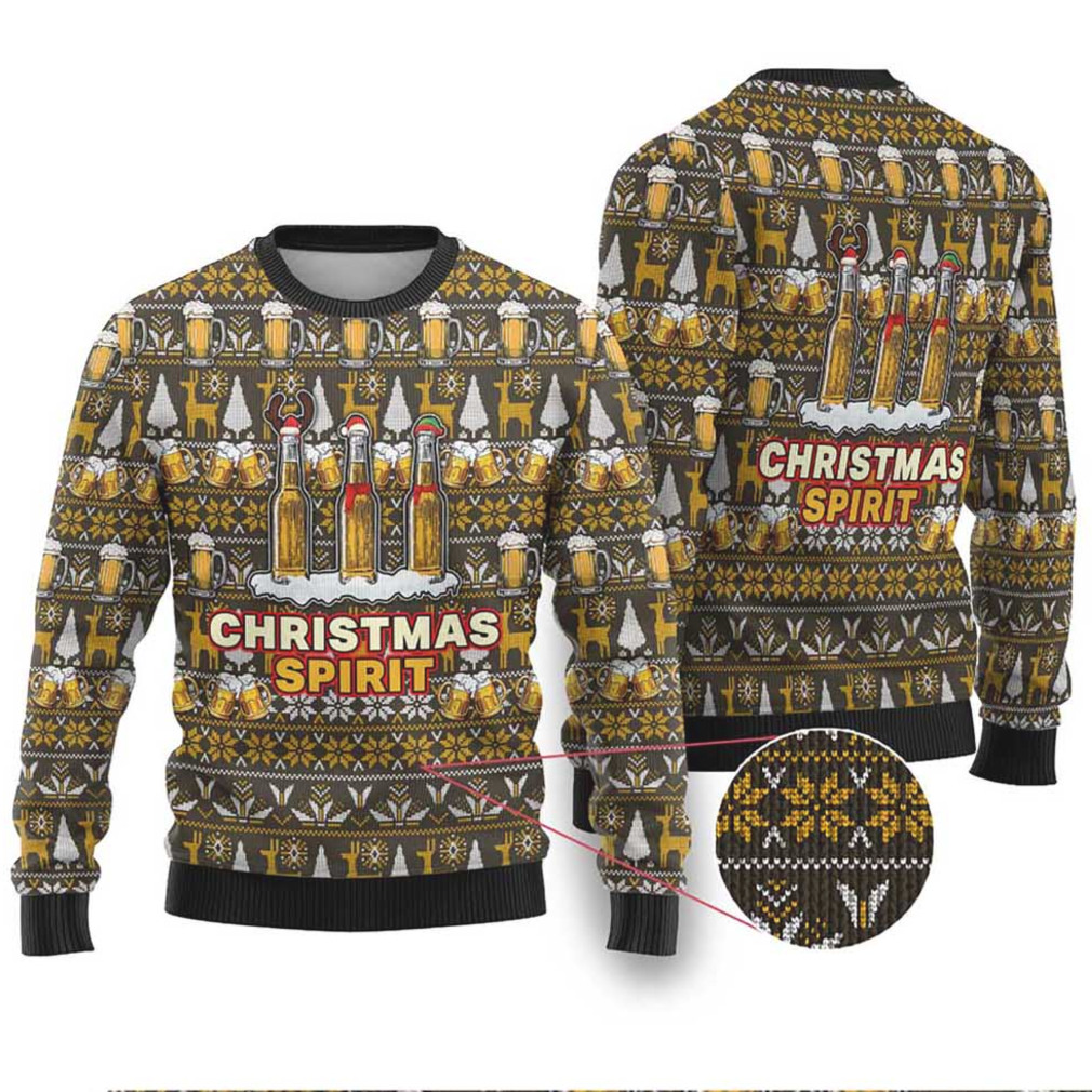 Person laughing while wearing Spirit Beer Christmas Ugly Christmas Sweater