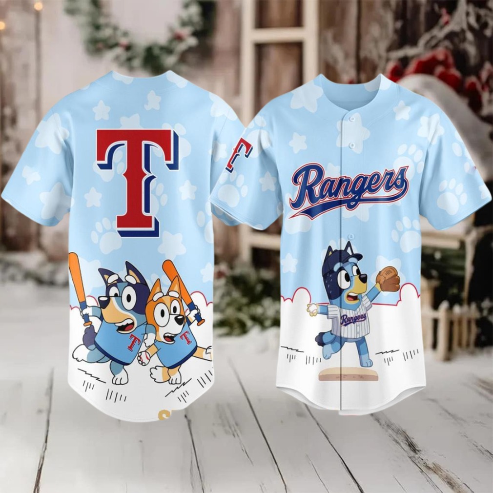 Texas Rangers 2025 Bluey MLB Game Night Christmas Baseball Jersey Texas Rangers 2025 Bluey MLB Game Night Christmas Baseball Jersey