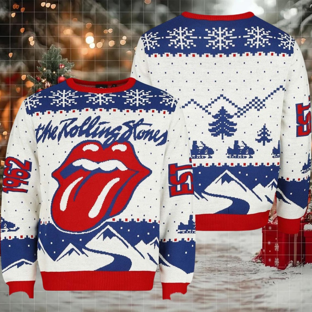 Person wearing Rolling Stones Est 1962 Ugly Christmas Sweater