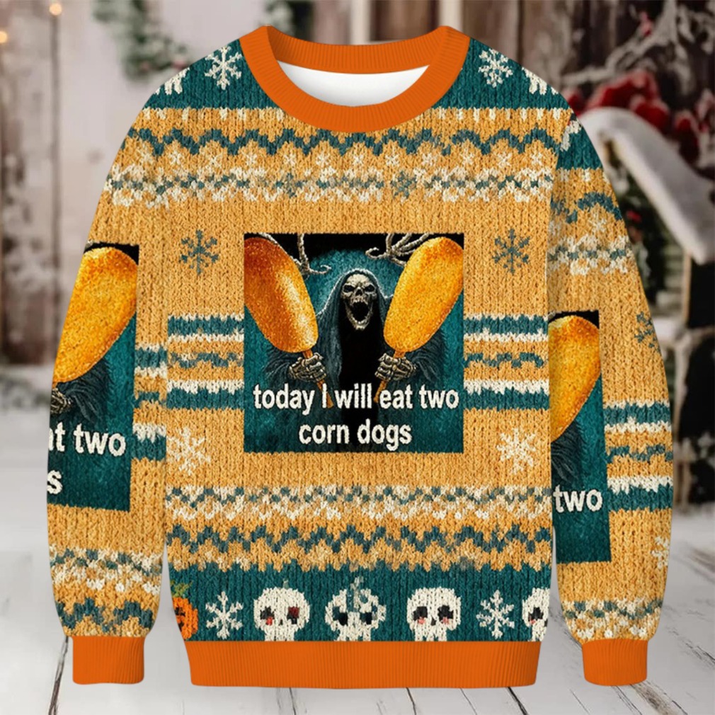 Today I Will Eat Two Corn Dogs Meme Christmas Ugly Sweatshirt - Detail