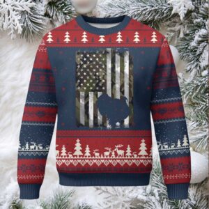 Turkey Hunting Camo US American Flag Thanksgiving Ugly Christmas Sweater