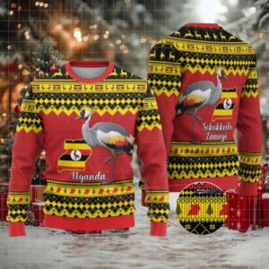 Uganda Christmas Ugly Christmas Sweater Grey Crowned Crane With Flag Map