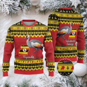 Uganda Christmas Ugly Christmas Sweater Grey Crowned Crane With Flag Map