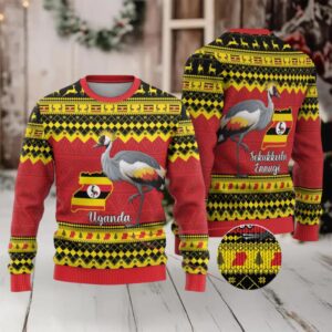 Uganda Christmas Ugly Christmas Sweater Grey Crowned Crane With Flag Map