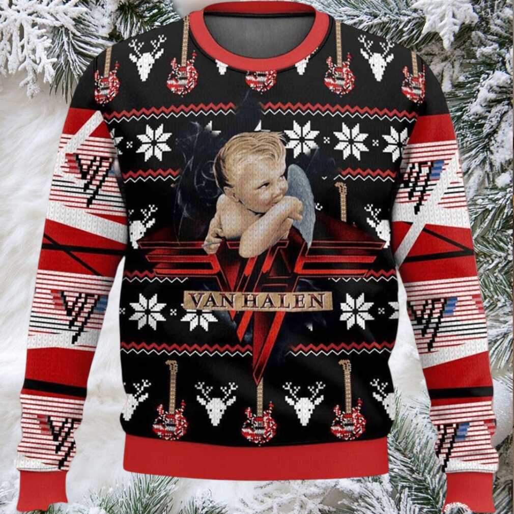 Van Halen 1984 Baby Angel Album Cover Art With Signature Guitar Pattern Knitted Ugly Christmas Sweater Van Halen 1984 Baby Angel Album Cover Art With Signature Guitar Pattern Knitted Ugly Christmas Sweater