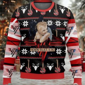 Van Halen 1984 Baby Angel Album Cover Art With Signature Guitar Pattern Knitted Ugly Christmas Sweater