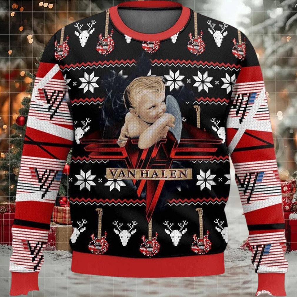 Van Halen 1984 Baby Angel Album Cover Art With Signature Guitar Pattern Knitted Ugly Christmas Sweater Van Halen 1984 Baby Angel Album Cover Art With Signature Guitar Pattern Knitted Ugly Christmas Sweater