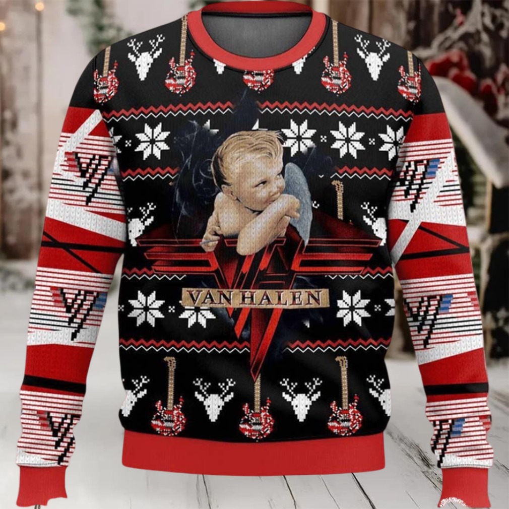 Van Halen 1984 Baby Angel Album Cover Art With Signature Guitar Pattern Knitted Ugly Christmas Sweater Van Halen 1984 Baby Angel Album Cover Art With Signature Guitar Pattern Knitted Ugly Christmas Sweater