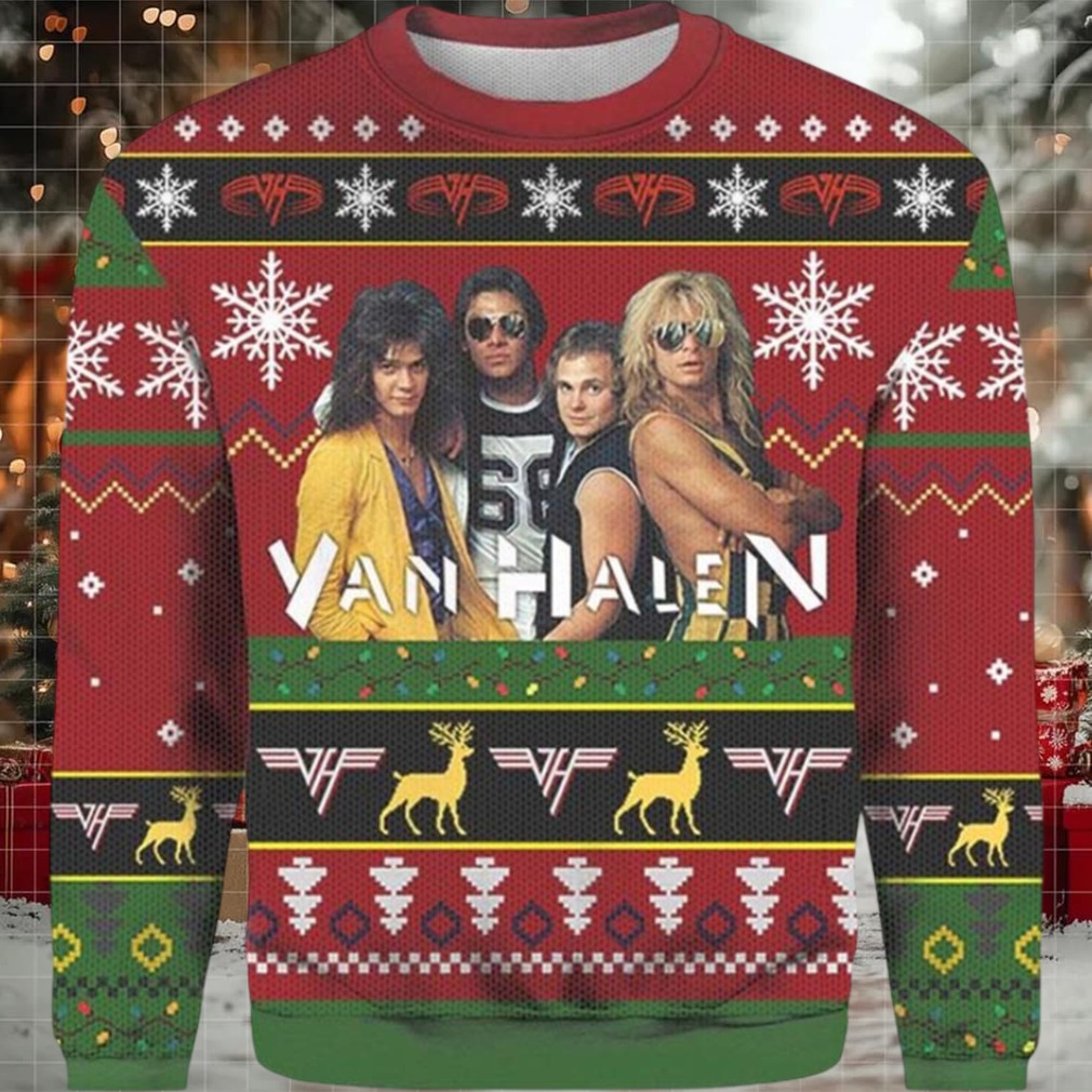 Person wearing Van Halen Band Member Photo Ugly Christmas Sweater at a party