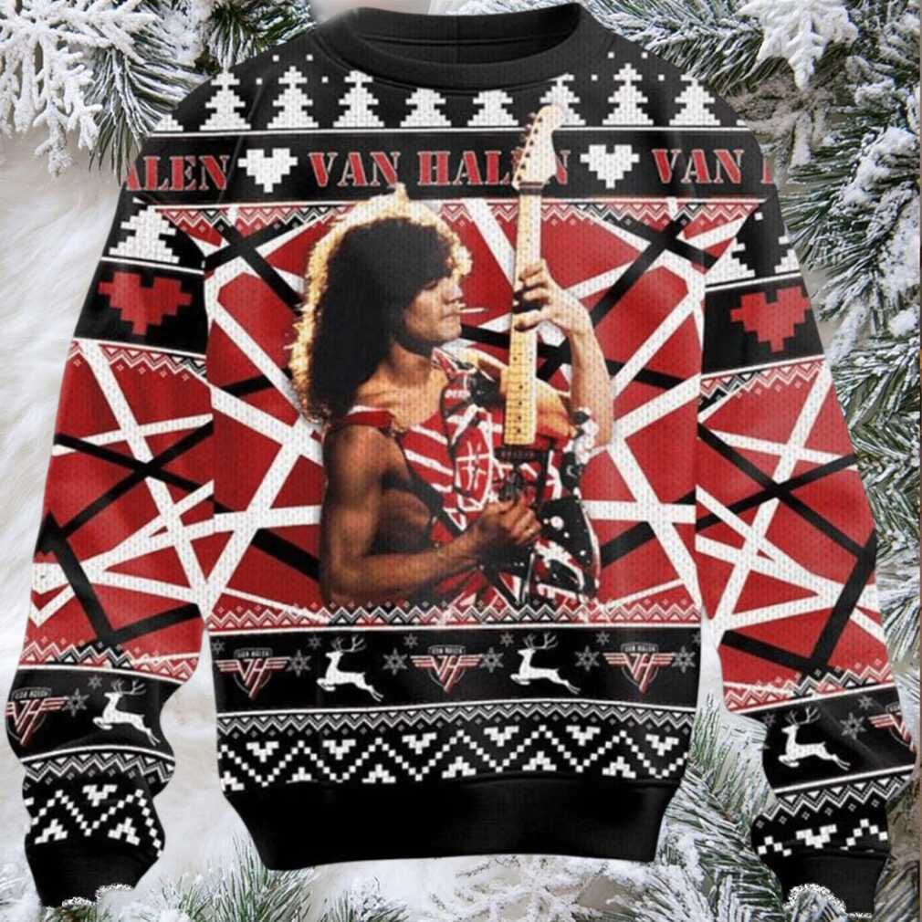 Van Halen Rock Band Eddie Runnin With The Devil Guitar Solo Signature Ugly Christmas Sweater - Front View