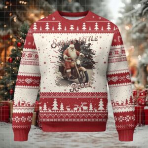 Vintage Xmas Santa Riding Motorcycle Ugly Christmas Sweater Santa's Little Rebel Rider Vintage