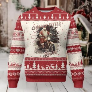 Vintage Xmas Santa Riding Motorcycle Ugly Christmas Sweater Santa's Little Rebel Rider Vintage