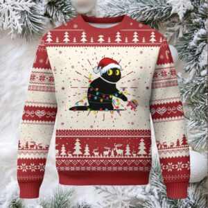 Xmas Black Cat Ugly Christmas Sweater Knock Over Elephant Funny Xmas