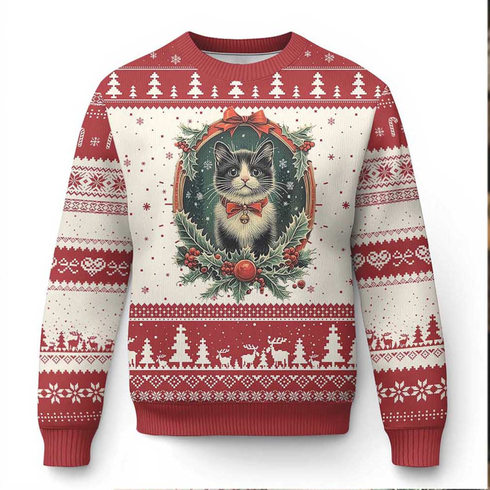 Person wearing Xmas Cat Ugly Christmas Sweater with a festive background