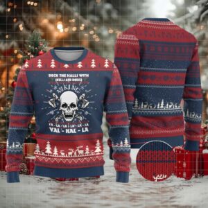 Xmas Viking Valhalla Ugly Christmas Sweater Deck The Halls With Skulls And Bodies