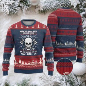 Xmas Viking Valhalla Ugly Christmas Sweater Deck The Halls With Skulls And Bodies