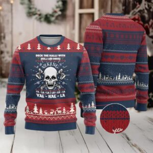 Xmas Viking Valhalla Ugly Christmas Sweater Deck The Halls With Skulls And Bodies